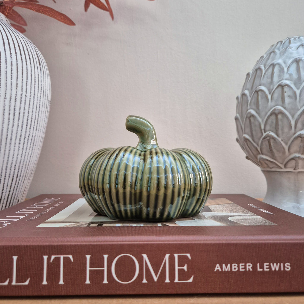 Green Ribbed Ceramic Pumpkin Ornament