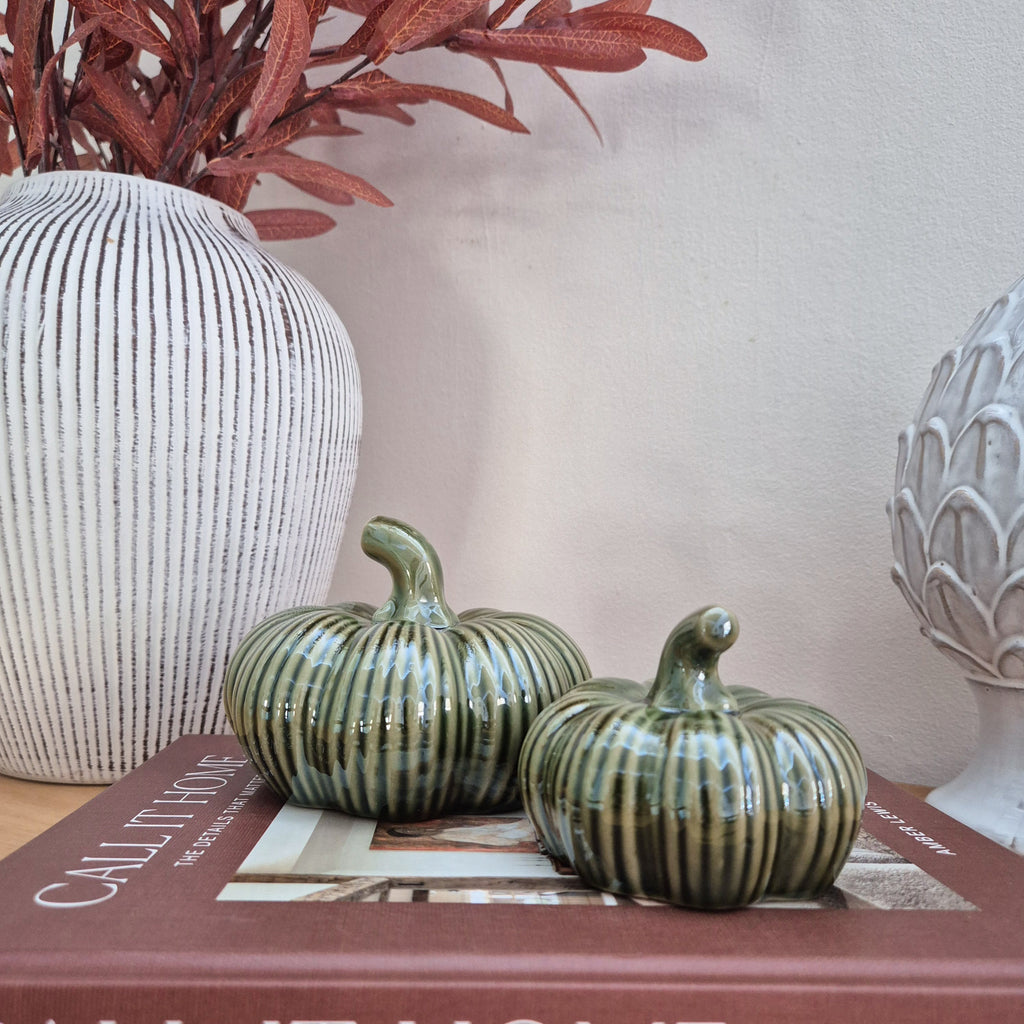 Green Ribbed Ceramic Pumpkin Ornament