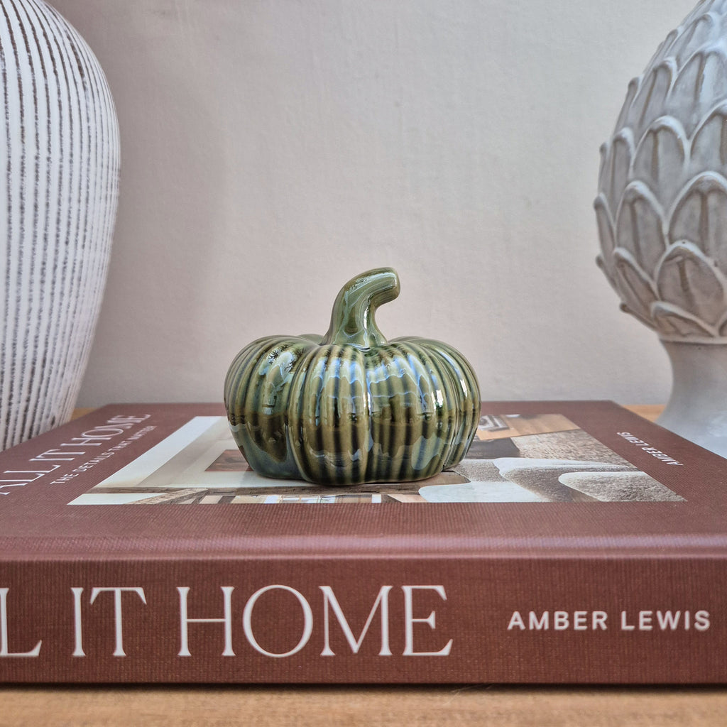 Green Ribbed Ceramic Pumpkin Ornament