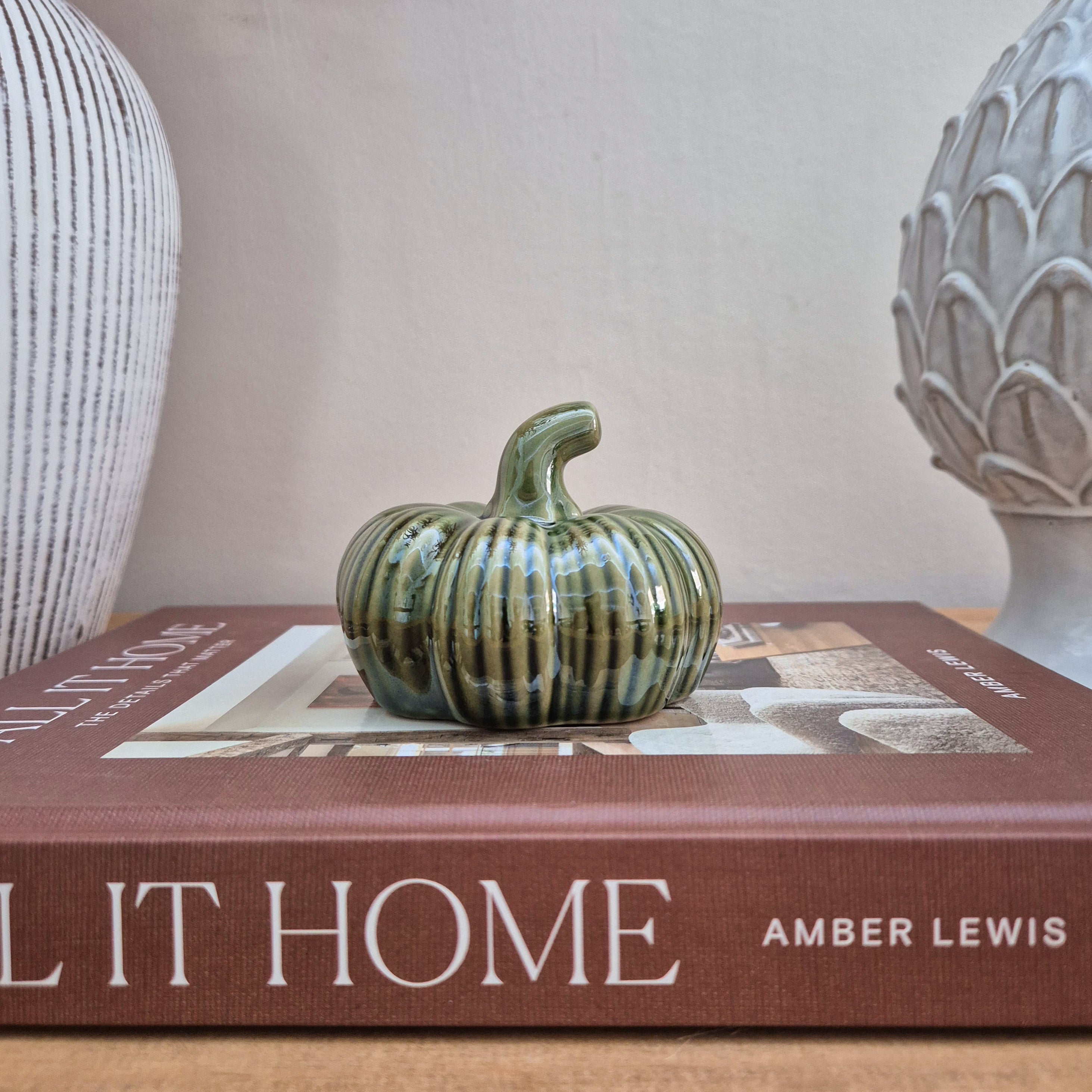 Green Ribbed Ceramic Pumpkin Ornament