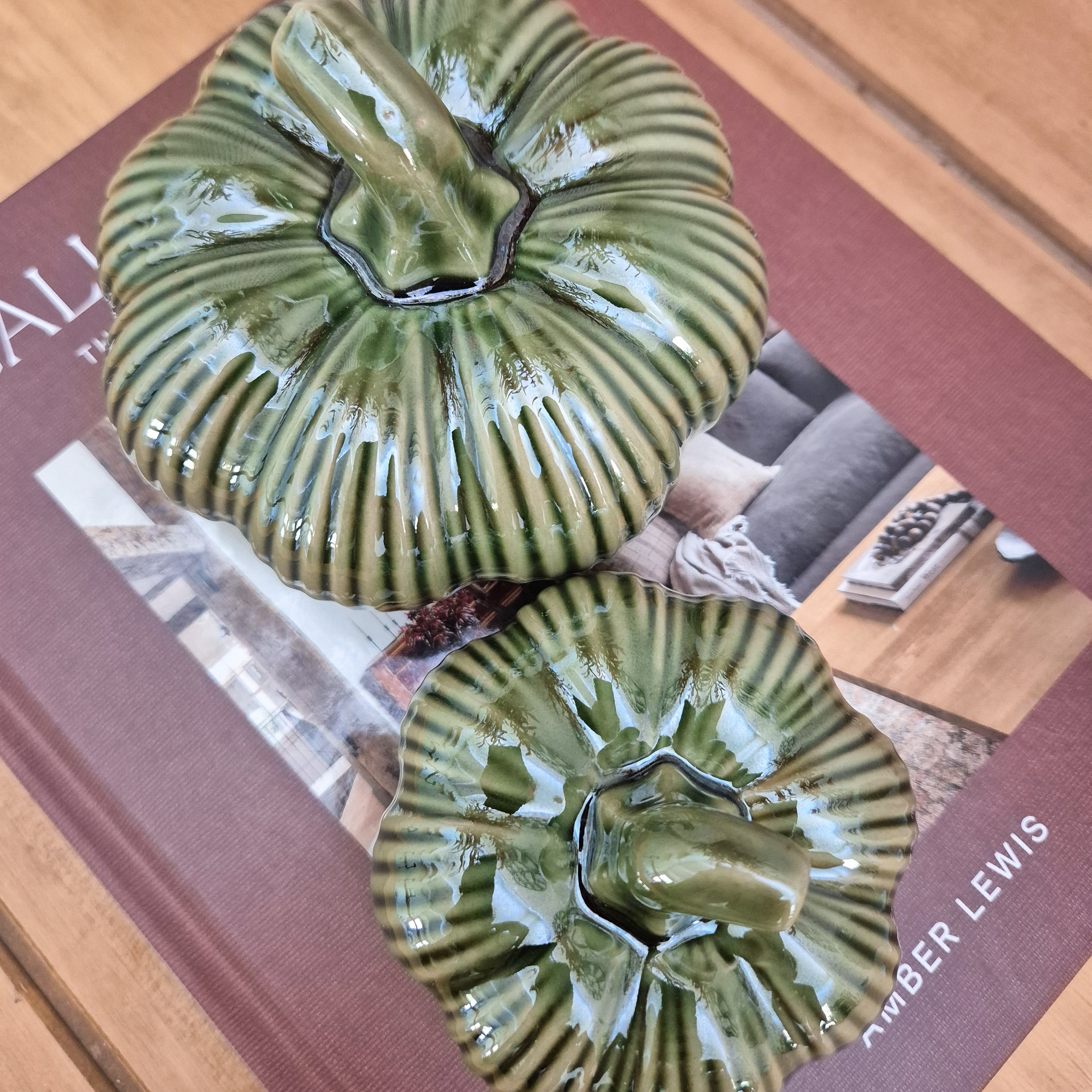 Green Ribbed Ceramic Pumpkin Ornament